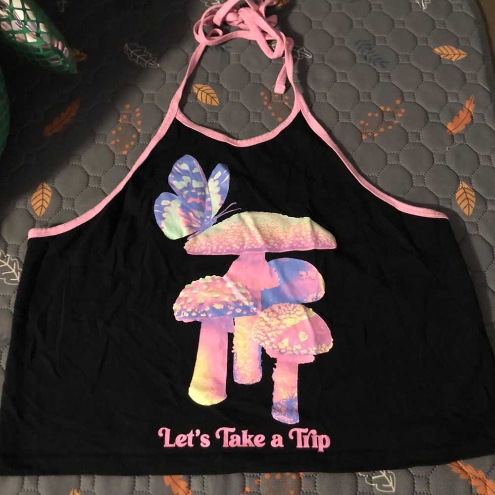 Spencer's Black Tank Top with Pink Trim and Pastel Holographic Mushroom Graphic